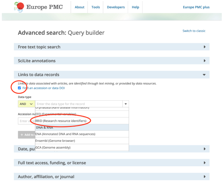 Europe PMC Advanced Search Query Builder interface, showing the "Links to data records" section expanded. The "Find an accession or data DOI" checkbox is ticked, and the Data type dropdown menu is open, with "RRID (Research resource identifiers)" highlighted in the drop-down.